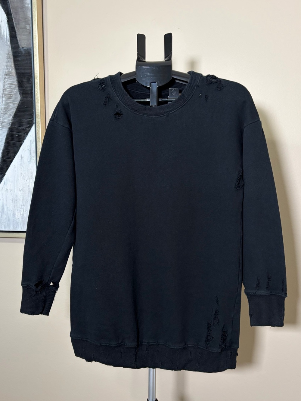 MOTHER The Tunic Big Easy Distressed Grunge Crewneck Sweatshirt Black XS - Picture 1 of 12